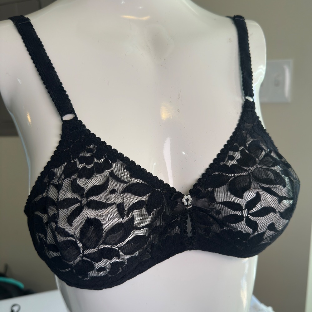 Victoria's Secret Bra Black Floral Lace Unlined Underwire Sheer Mesh 34B